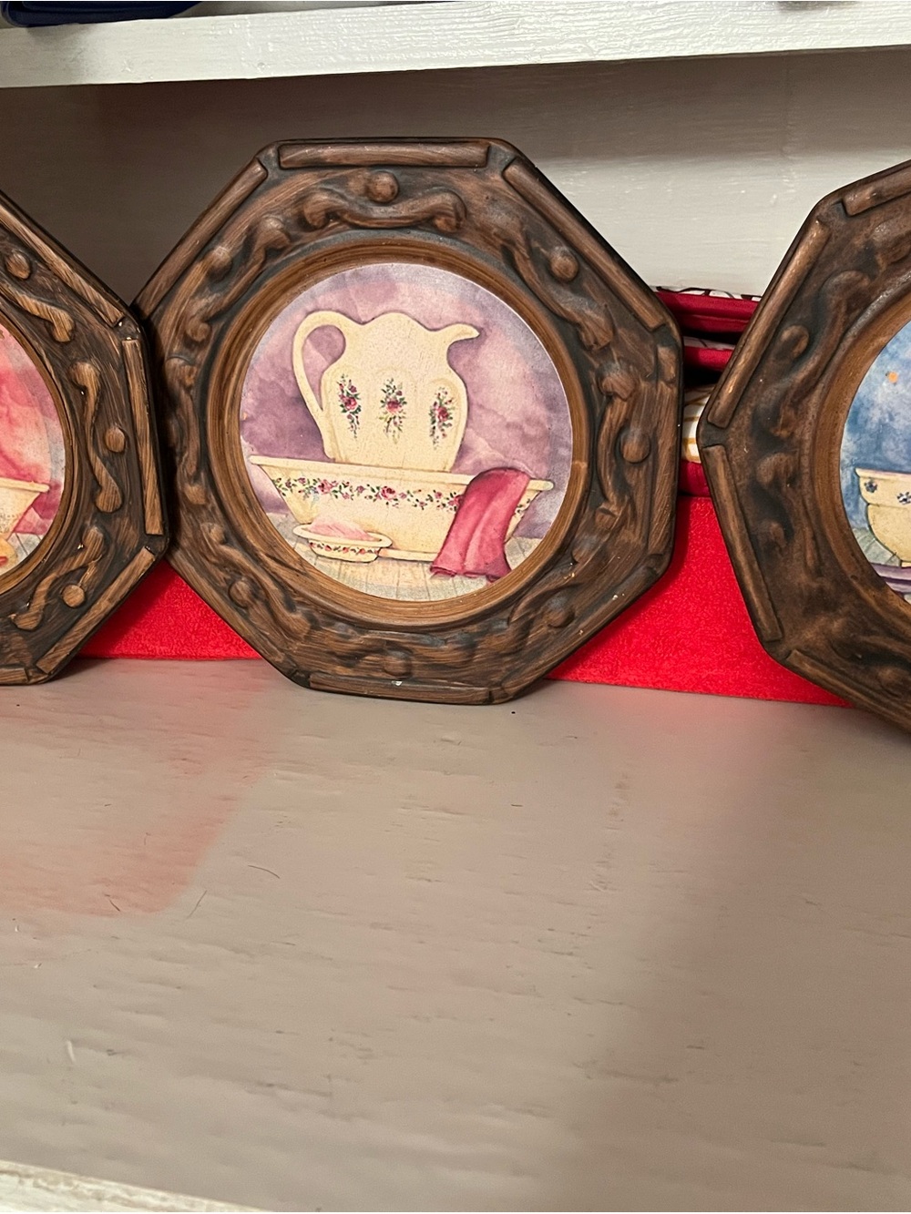 Vintage-Style Floral Pitcher Wall Plaque — Brown Frame, Pink Accent